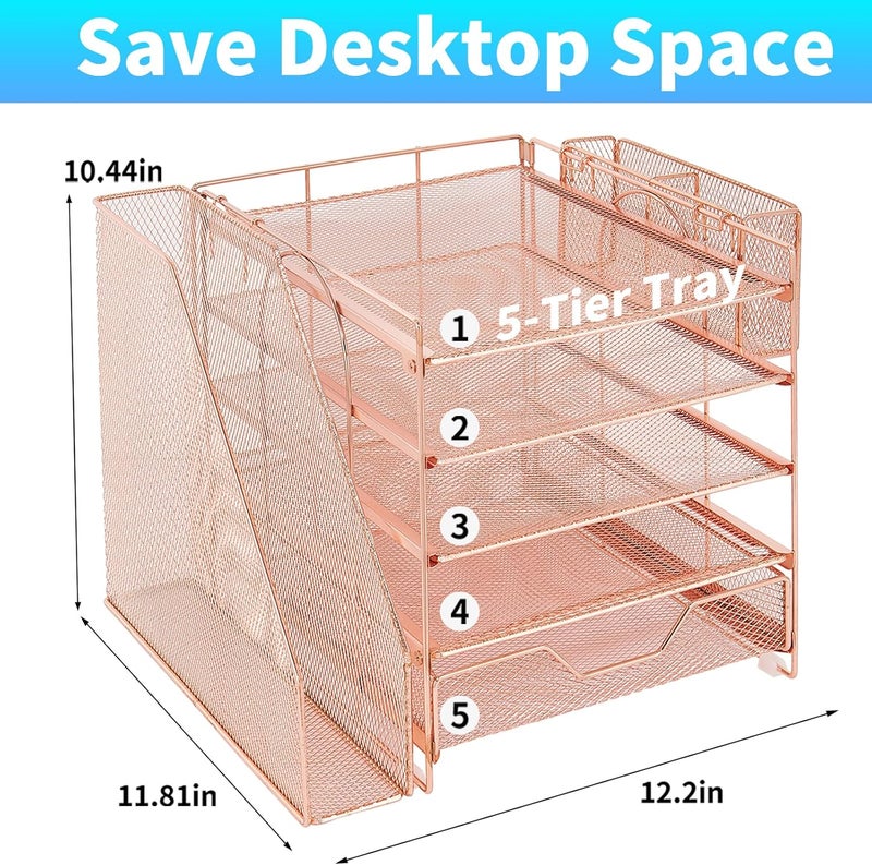 Gugsey Desk Organizer, 5-Tier Paper Letter Tray Organizer with File Holder, Drawer and Pen Holder, Desktop Organizer for Office Supplies, Rose Gold - Image 2